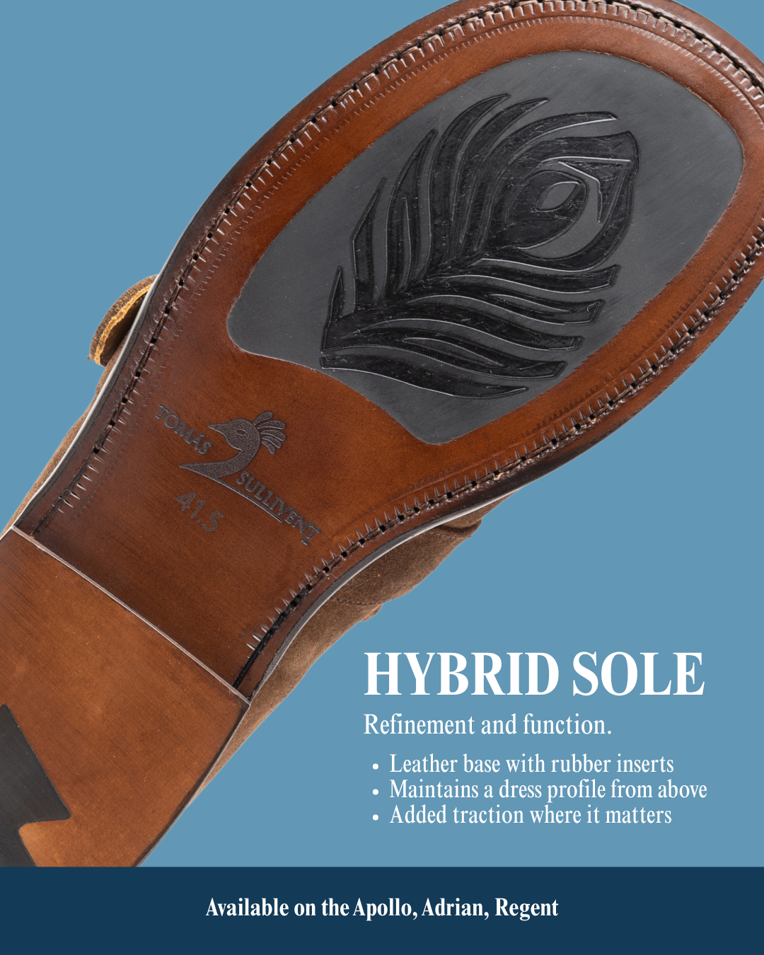 Close-up of a shoe hybrid sole with leather base and rubber inserts on a blue background.