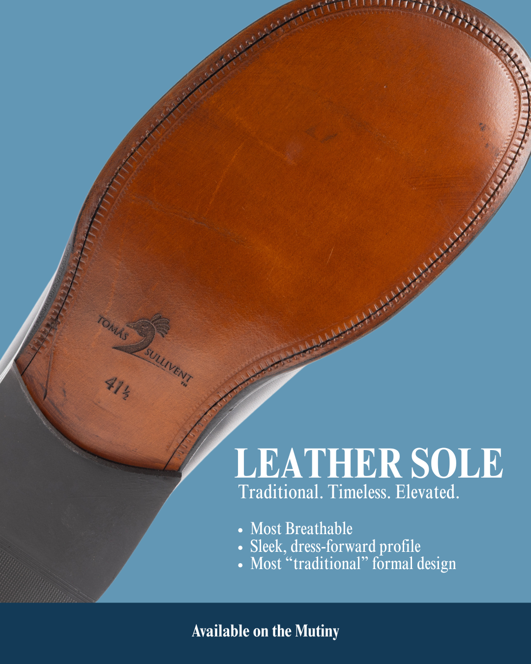 Close-up of a leather sole with branding on a blue background